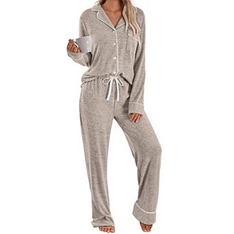 Womens 2 pc Long Sleeve Pajama Set Soft Button Down Top Drawstring Pants With Pockets