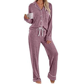 Womens 2 pc Long Sleeve Pajama Set Soft Button Down Top Drawstring Pants With Pockets
