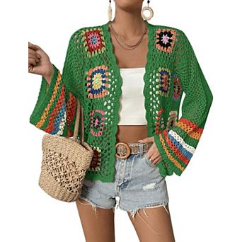 Boho Crochet Cardigan Tops Long Sleeve Open Front Casual Loose Fit