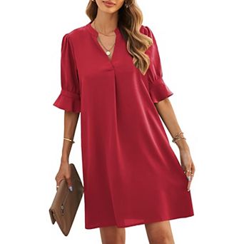 Womens V Neck Ruffle Short Sleeve Shift Summer Casual Dress