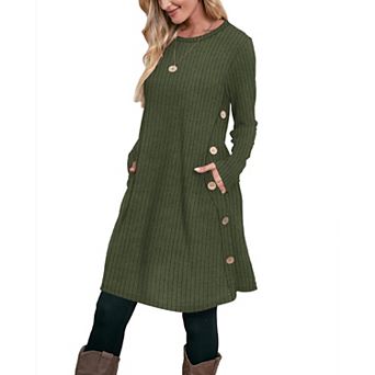 Women Long Sleeve Crew Neck Tunic Dress Pockets Fall Winter