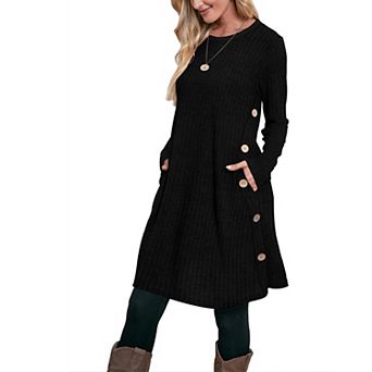 Women Long Sleeve Crew Neck Tunic Dress Pockets Fall Winter