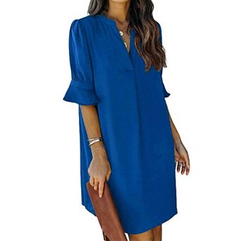 Women V Neck Ruffle Short Sleeve Casual Shift Summer Dress