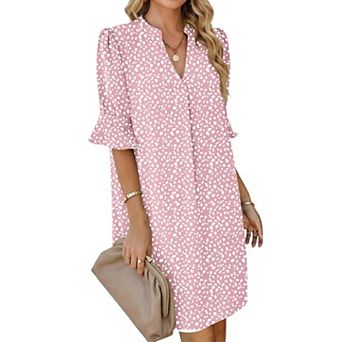Women V Neck Ruffle Short Sleeve Shift Dress With Pockets Casual Beach Vacation Work Wear