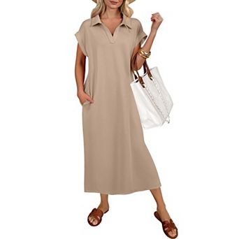 Womens Summer Casual V Neck Short Sleeve Maxi Dress With Pockets Loose Fit