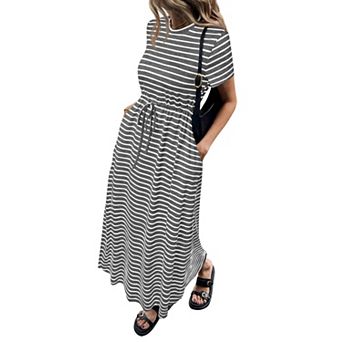 Womens Summer Maxi Dress Casual Short Sleeve Drawstring Waist Loose Fit Beach Outfit
