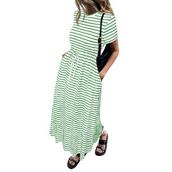 Womens Summer Maxi Dress Casual Short Sleeve Drawstring Waist Loose Fit Beach Outfit