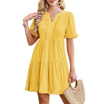 Women Summer Casual V Neck Short Sleeve Tiered Ruffle Mini Dress With Pockets