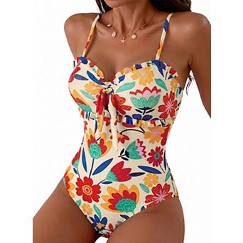 Women's Tummy Control Ruffle Trim Knotted Front Bathing Suit