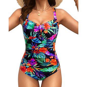 Women Vintage Tummy Control Push Up Ruched Swimsuits High Cut Backless