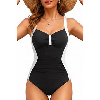 Women Vintage Tummy Control Push Up Ruched Swimsuits High Cut Backless