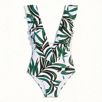 Womens Tropical Floral Ruffle V Neck Padded Swimwear High Cut Bathing Suit