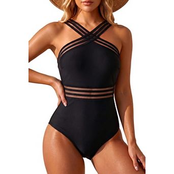 Women Crisscross Swimsuit Tummy Control Front Crossover Mesh Full Coverage