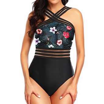 Women Crisscross Swimsuit Tummy Control Front Crossover Mesh Full Coverage