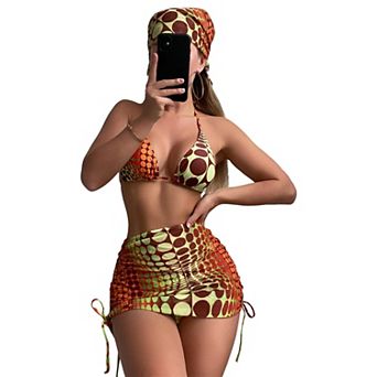 Womens 4 pc Polka Dot Halter Triangle Bikini Set Cover Up Skirt Bandana