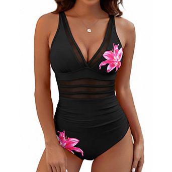 Womens Tummy Control One Piece Swimsuit Mesh V Neck Swimwear