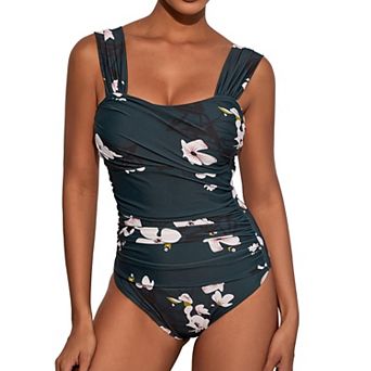 Women Square Neck Tummy Control Ruched Swimsuits Modest Swimwear