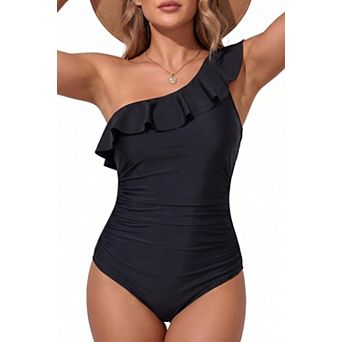 Womens Tummy Control Ruffle One Shoulder Bathing Suit Swimwear