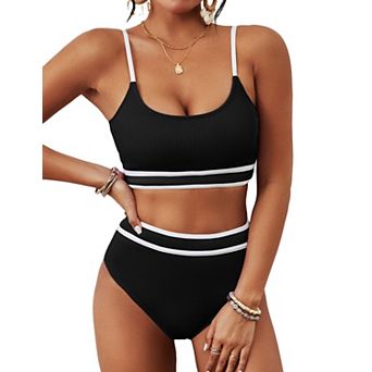 Womens 2 pc High Waisted Ribbed Two Piece Bikini Swimsuit With Adjustable Straps