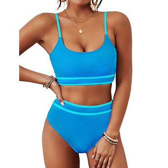 Womens 2 pc High Waisted Ribbed Two Piece Bikini Swimsuit With Adjustable Straps