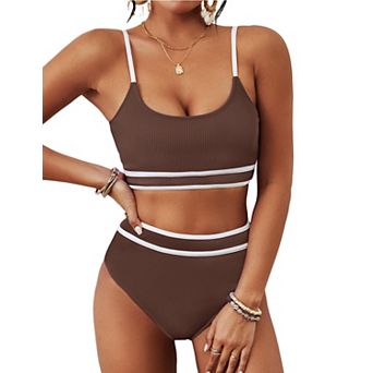 Womens 2 pc High Waisted Ribbed Two Piece Bikini Swimsuit With Adjustable Straps