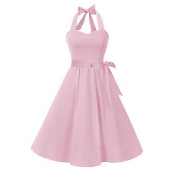 Women's 1950s Halter Retro Cocktail Swing Dress Comfort Lined Detachable Belt