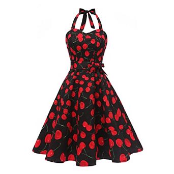 Women's 1950s Halter Retro Cocktail Swing Dress Comfort Lined Detachable Belt