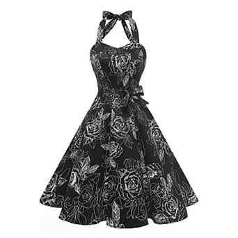 Women's 1950s Halter Retro Cocktail Swing Dress Comfort Lined Detachable Belt