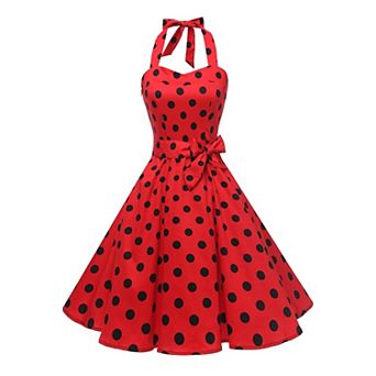 Women's 1950s Halter Retro Cocktail Swing Dress Comfort Lined Detachable Belt