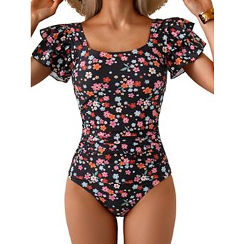 Women's Ruffle Square Neck Tummy Control Ruched Cutout Swimsuit
