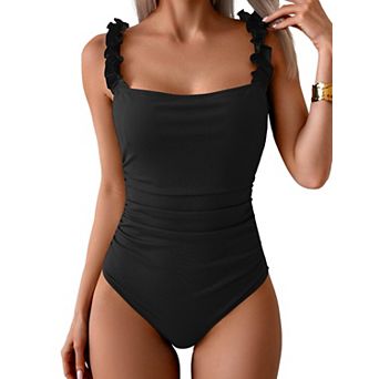 Women's Tummy Control Square Neck Ruffle Strap Ribbed Push Up Swimwear