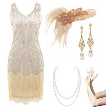 1920s V Neck Beaded Fringed Flapper Dress With Accessories Great Gatsby Party Wear