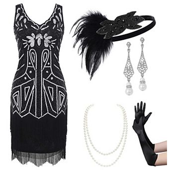 1920s V Neck Beaded Fringed Flapper Dress With Accessories Great Gatsby Party Wear
