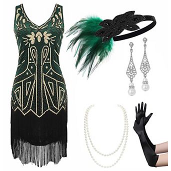 1920s V Neck Beaded Fringed Flapper Dress With Accessories Great Gatsby Party Wear