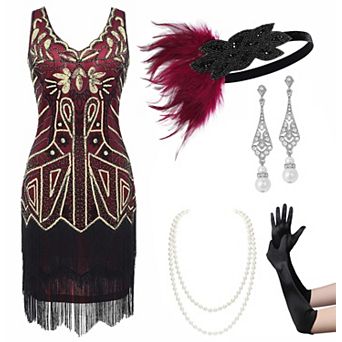 1920s V Neck Beaded Fringed Flapper Dress With Accessories Great Gatsby Party Wear