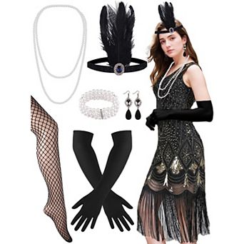 Womens 10 pc 1920s Gatsby Flapper Sequin Fringe Dress Party Costume Set