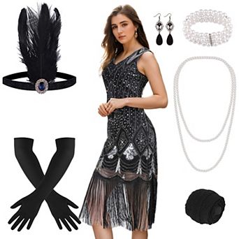 Womens 10 pc 1920s Gatsby Flapper Sequin Fringe Dress Party Costume Set