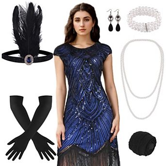 Womens 10 pc 1920s Gatsby Flapper Sequin Fringe Dress Party Costume Set