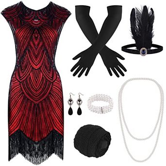 Womens 10 pc 1920s Gatsby Flapper Sequin Fringe Dress Party Costume Set