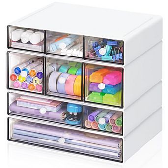 Stackable Desk Organizer 9 Drawers 4 tier Clear Plastic Storage Box For Office Craft Makeup Supplies
