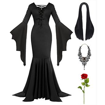 Gothic Women Retro Witch Vampire Halloween Costume Set With Dress Accessories