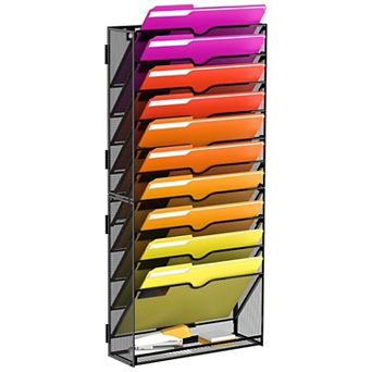 11 tier Wall File Organizer w/ Bottom Tray Vertical Pockets Office Storage for Docs Mail Magazines