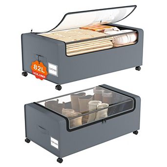 2-Pack Underbed Storage Drawers With Lockable Wheels Transparent Window Dual Zipper Closure