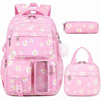 3 pc Teen Girls Laptop Backpack Lunch Bag Pencil Pouch School Travel Daypack