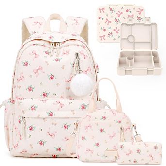 4 pc Corduroy Backpack Laptop Daypack Lunch Box Pencil Pouch For School Travel
