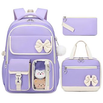 Cute Bow School Backpack Set With Lunch Box Pencil Case For Teens Students 3 pc