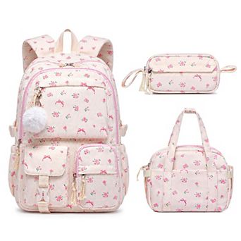 3 pc Corduroy School Backpack Set With Lunch Bag Pencil Pouch Lightweight Teen Girl Bookbag