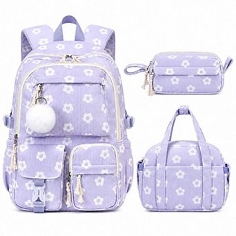 3 pc Corduroy School Backpack Set With Lunch Bag Pencil Pouch Lightweight Teen Girl Bookbag