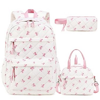 3 pc Quilted School Backpack Set With Lunch Box Pencil Case Lightweight Daypack