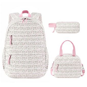 3 pc Quilted School Backpack Set With Lunch Box Pencil Case Lightweight Daypack